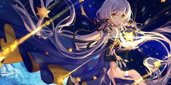 1332x850 Wallpaper Girl, long hair, dress, anime, stars, artwork, yellow eyes