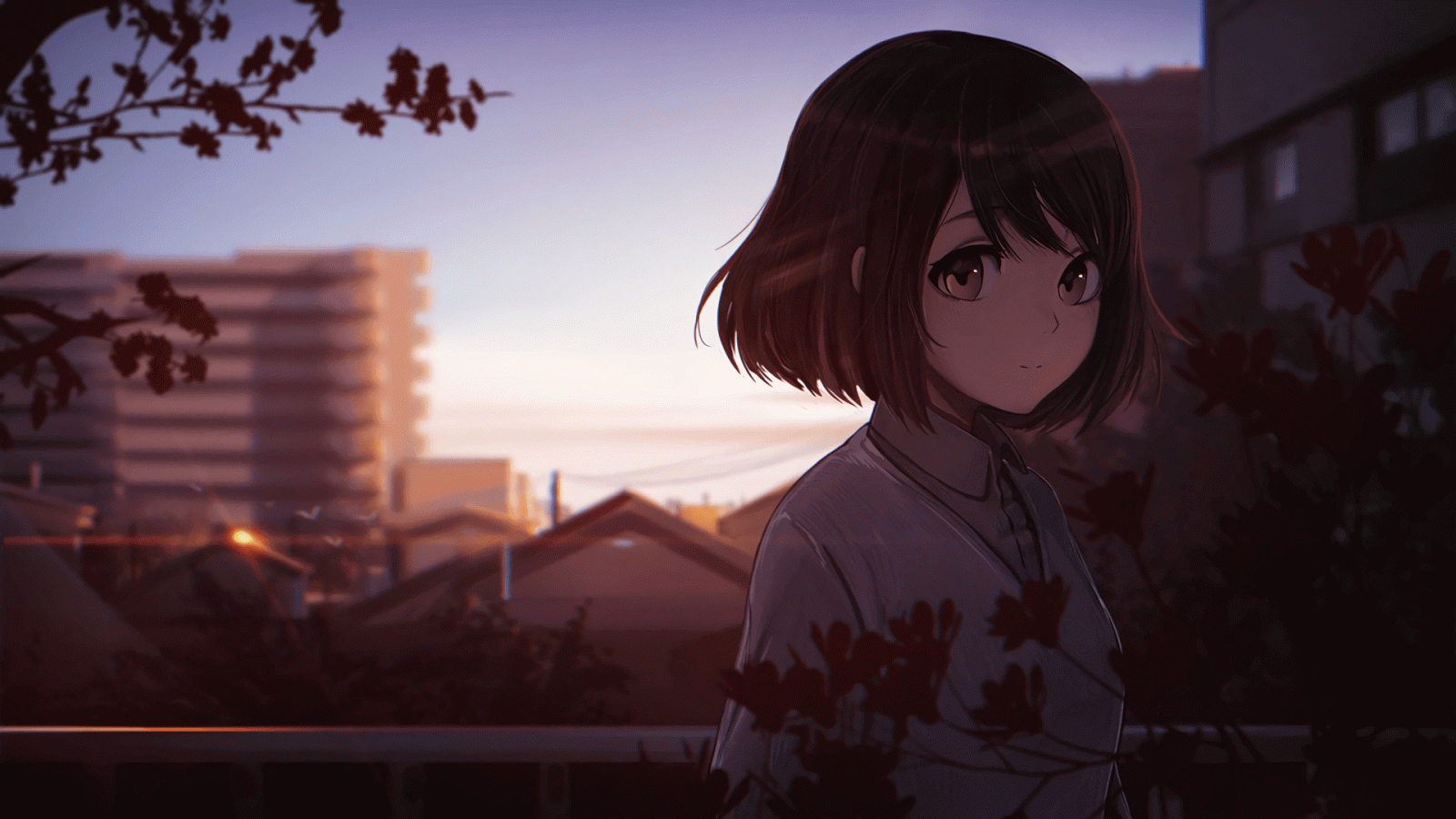 1920x1080 Anime Wallpaper 1920x1080 anime girls, short hair, tree, city