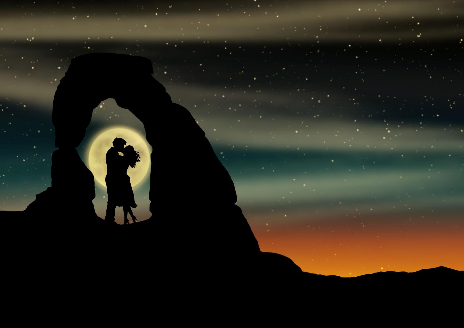 5508x3894 Wallpaper Couple, Romantic kiss, Moon, Silhouette, Lovers, 5K, Black