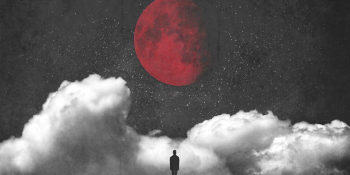 2048x1365 Wallpaper : 2048x1365 px, clouds, fantasy art, minimalism, Moon, Red
