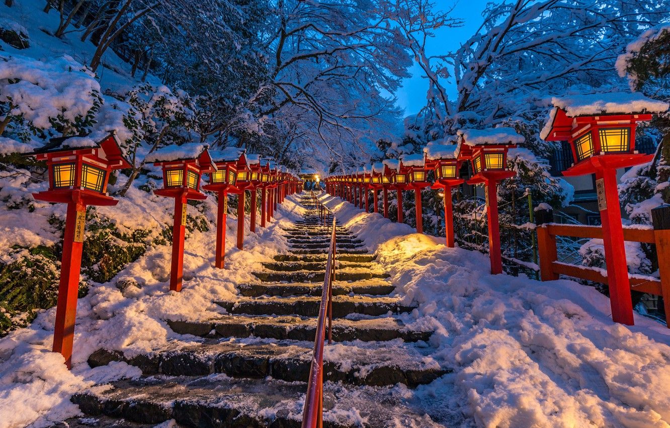 1332x850 Wallpaper Japan, lights, ladder, Japan, Kyoto, Kifune shrine images