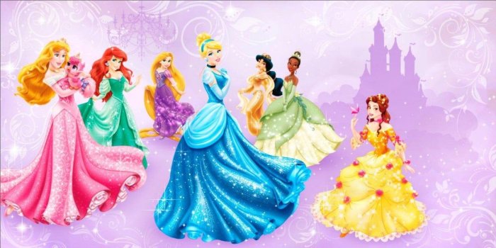 1280x640 Shiny Princesses Disney Castle Rapunzel Aurora Belle Snow White Cinderella  Tiana Jasmine 12 feet x 6 feet Exclusive Design Photo Wallpaper