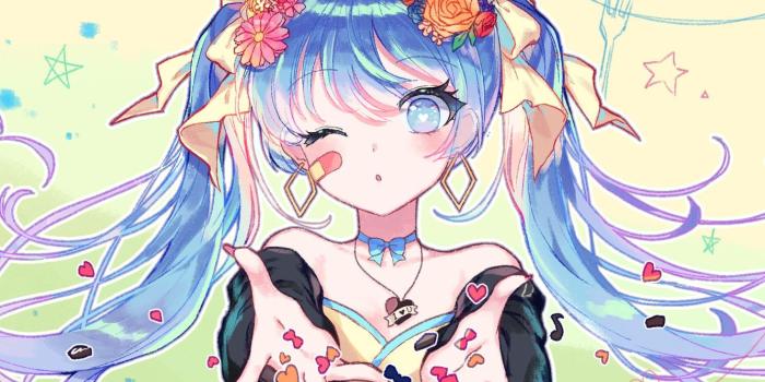 1332x850 Wallpaper flowers, roses, hearts, stars, plug, Vocaloid, Hatsune