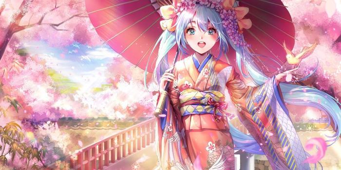 1332x850 Wallpaper bridge, river, spring, umbrella, Japan, Sakura, railings