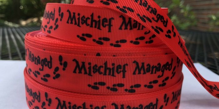 1600x1200 By The Yard 7/8” Harry Potter Red Mischief Managed Grosgrain Ribbon Lisa