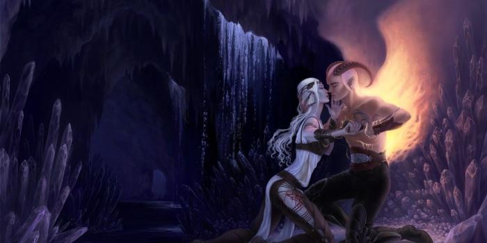 1332x850 Wallpaper girl, love, wings, the demon, cave, guy, crystals, long