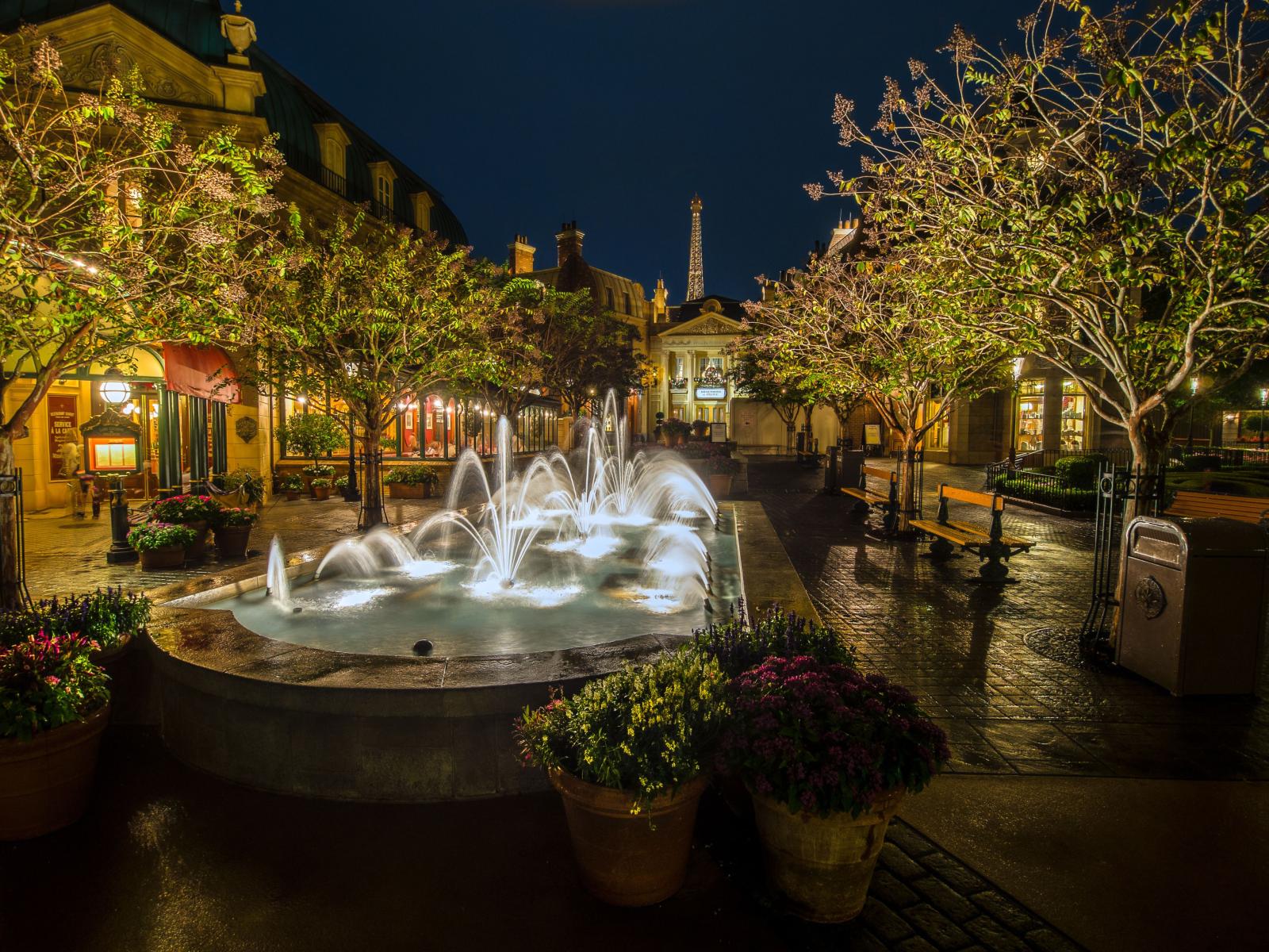 4095x3072 Rainy Night, Fountains, France Pavilion, World Showcase, Epcot, Walt