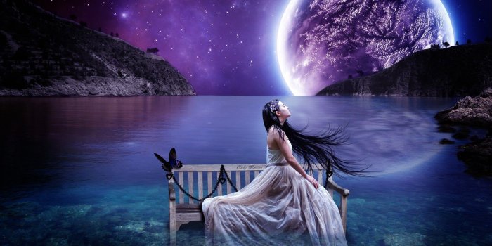 1920x1200 Wallpaper Aesthetic creative landscape, lake water benches girl, sky