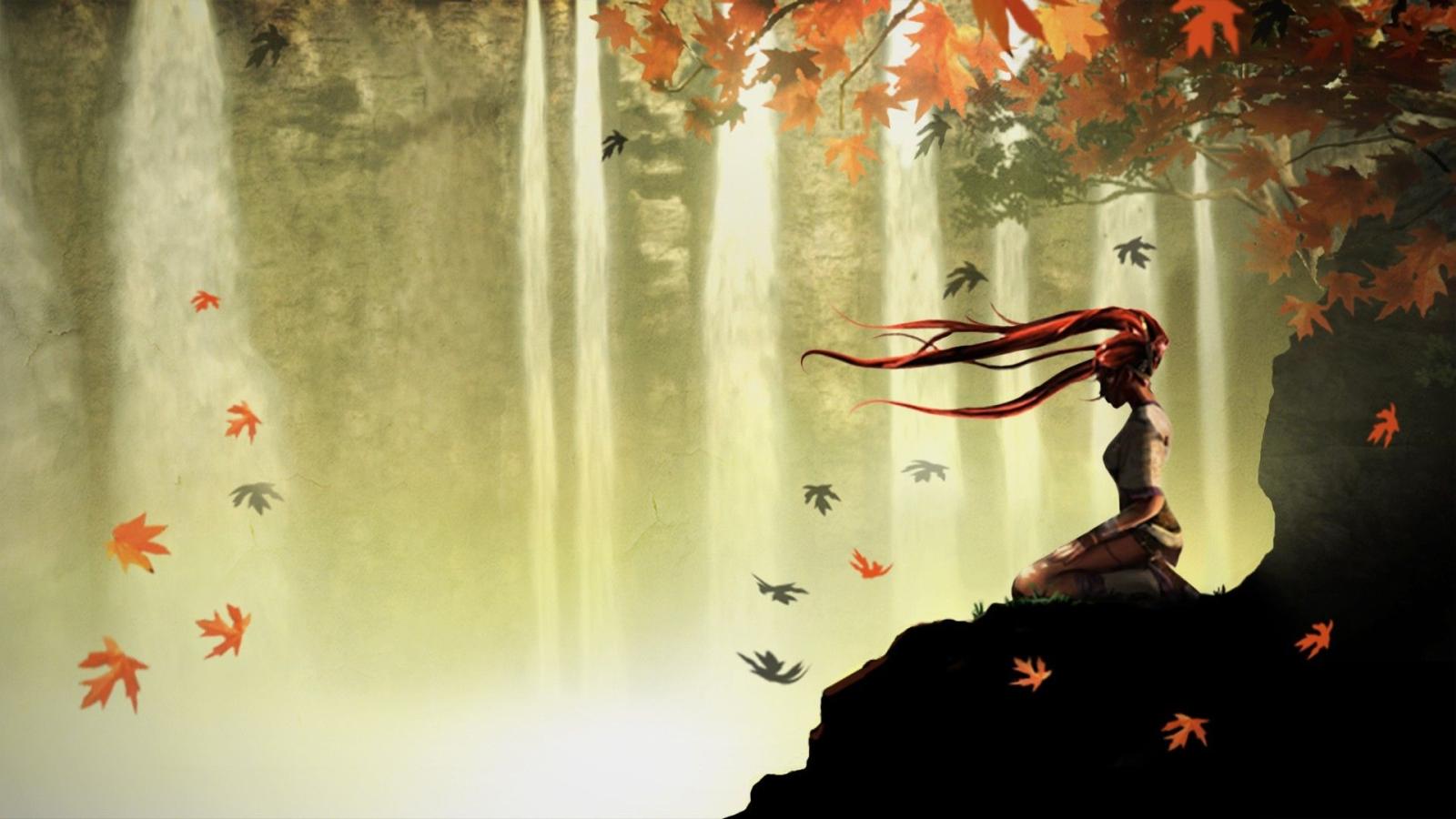 1920x1080 forests leaves redheads wind heavenly sword nariko waterfalls High
