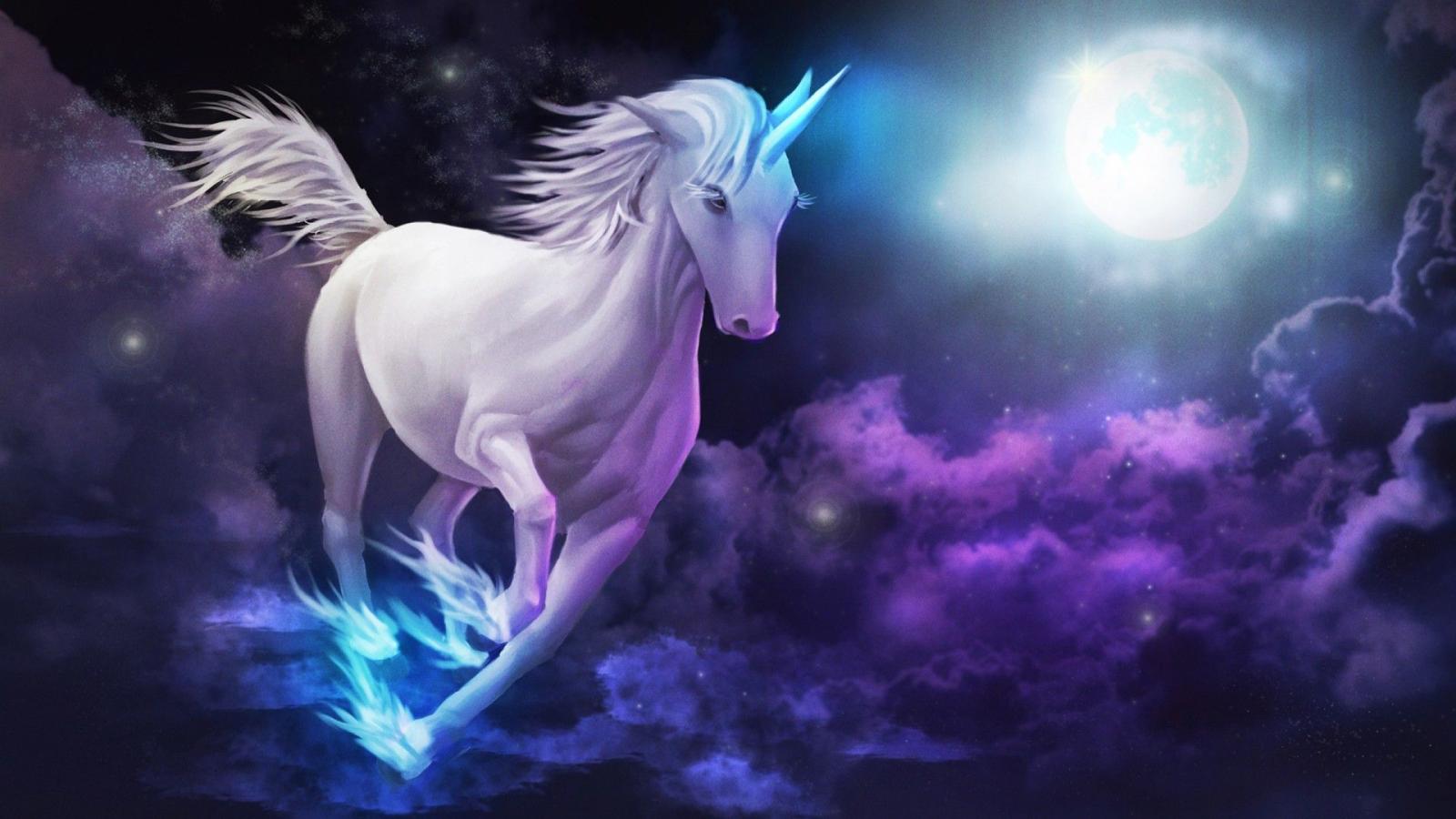 1920x1080 Unicorn Galloping Sky Clouds Full Moon Desktop Wallpaper Hd For
