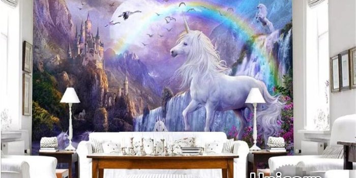 1000x800 beibehang Wallpaper home decor blue sky rainbow unicorn wallpaper bedroom  landscape oil painting wallpaper for kids room behang